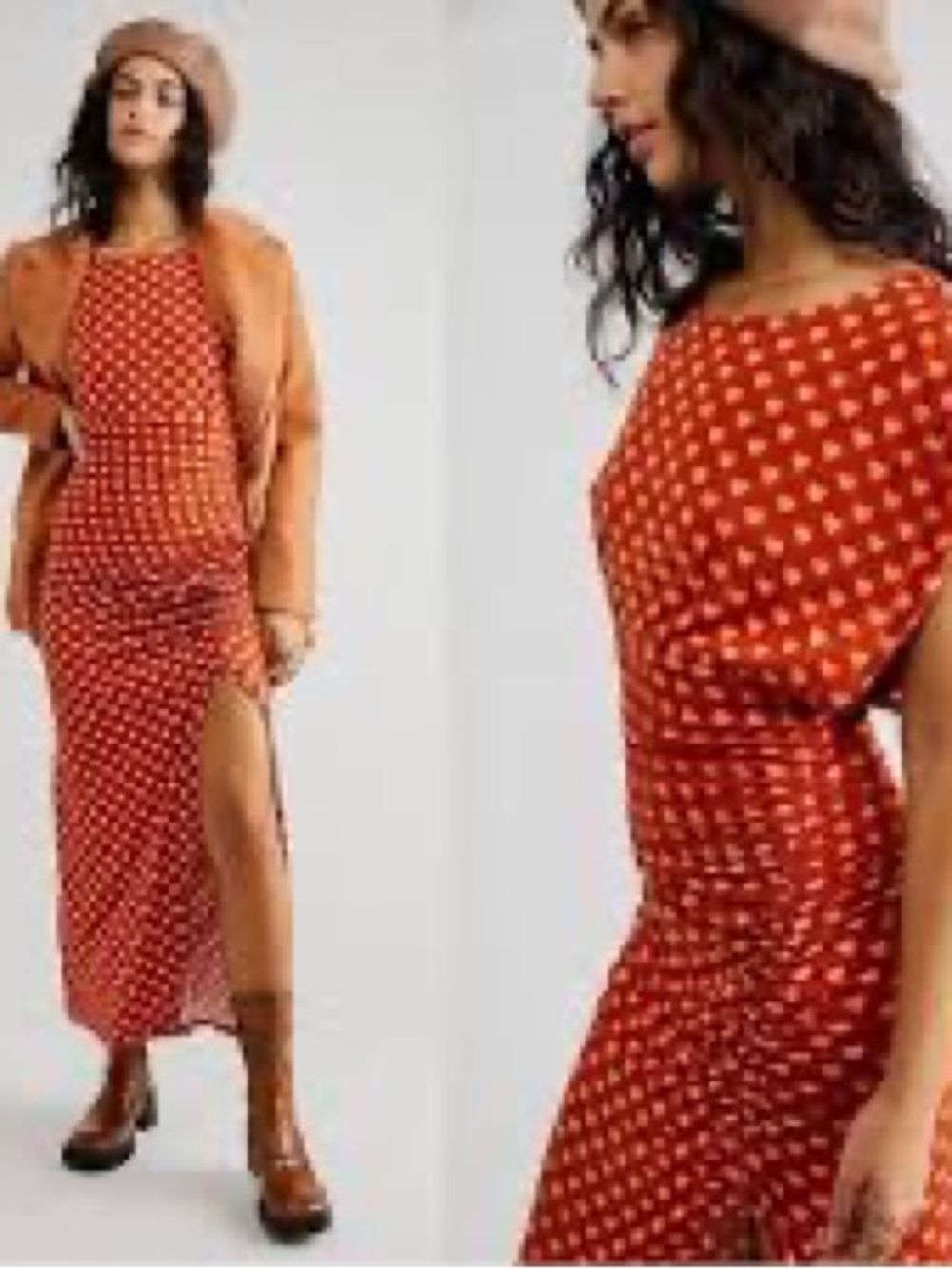 Free People Lakeside Rust Orange Heart-Print High-Low Ruched Maxi Dress - Picture 3 of 6
